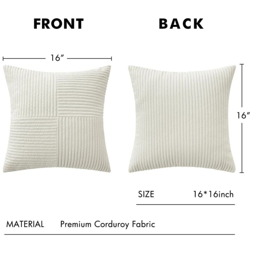 White Corduroy Pillow Covers Pack of 2 Boho Decorative Spliced Soft Solid Couch Pillowcases Cross Patchwork Textured Cushion Covers for Living Room