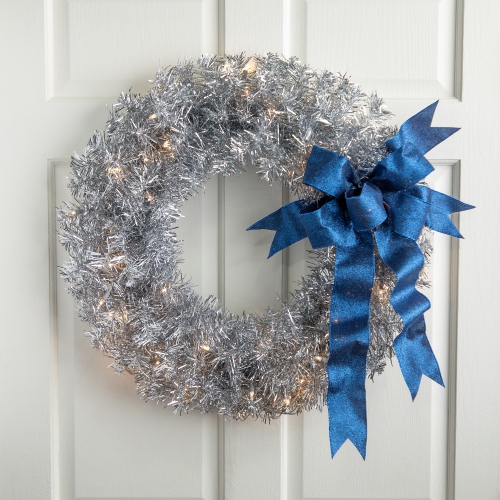 NORTHLIGHT  Pre-Lit Artificial Tinsel Christmas Wreath - 24" - - Clear Lights In Silver