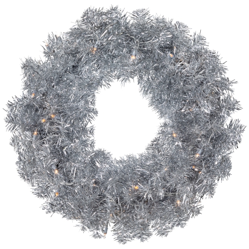 Pre-Lit Artificial Tinsel Christmas Wreath - 24" - Silver - Clear Lights