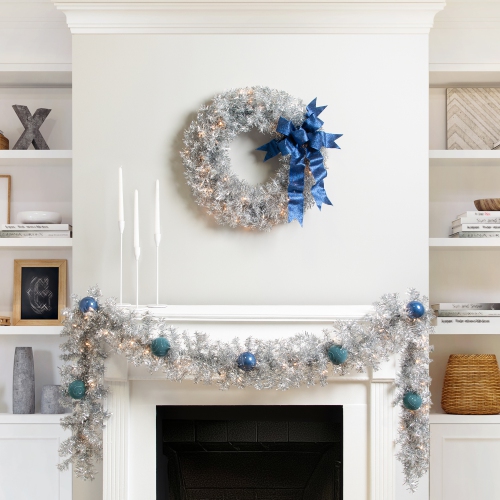 Pre-Lit Artificial Tinsel Christmas Wreath - 24" - Silver - Clear Lights