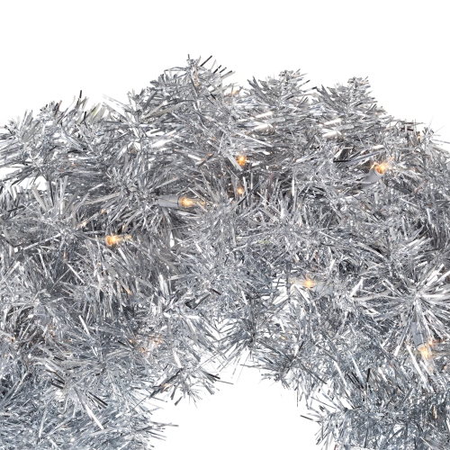 Pre-Lit Artificial Tinsel Christmas Wreath - 24" - Silver - Clear Lights