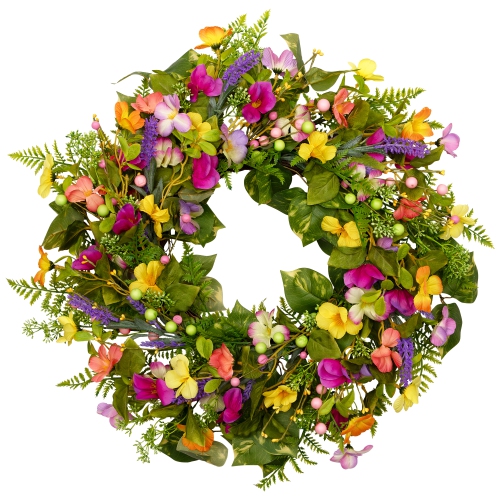Mixed Floral Artificial Spring Wreath - 22" - Yellow and Pink