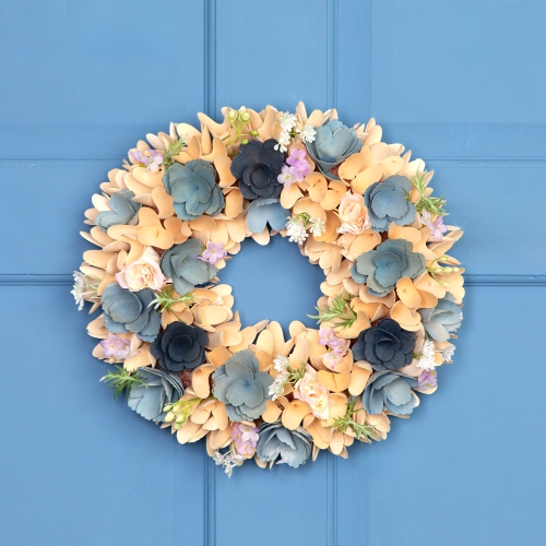 Wooden Spring Wreath with Mini Artificial Flowers- 14"