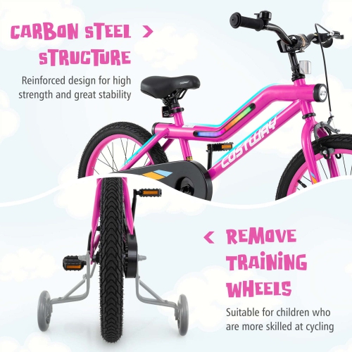 Costway 18" LED Lighted Kids Bike with Adjustable Seat Coaster Brake Training Wheels
