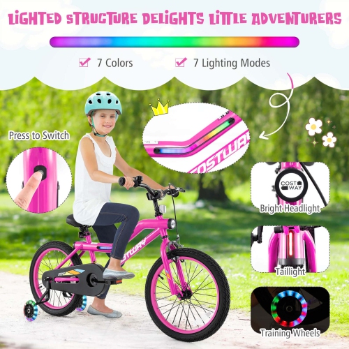 Costway 18" LED Lighted Kids Bike with Adjustable Seat Coaster Brake Training Wheels