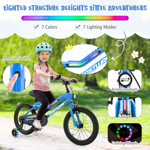 Costway 16" LED Lighted Kids Bike with Adjustable Seat Coaster Brake Training Wheels