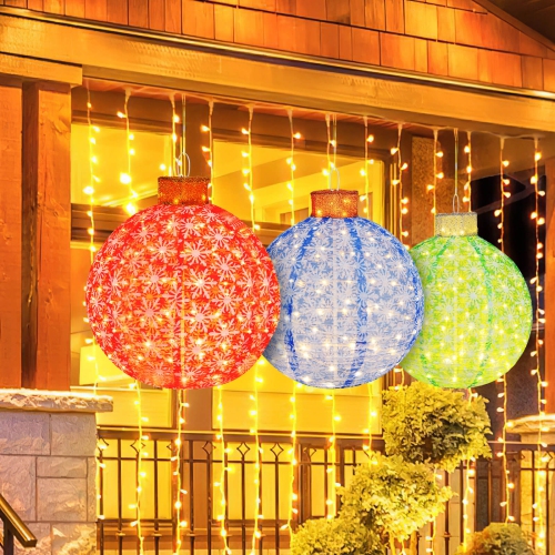 COSTWAY  3 PCs Pre-Lit Pop Up Christmas Ball Set With Warm Led Lights Decoration In White