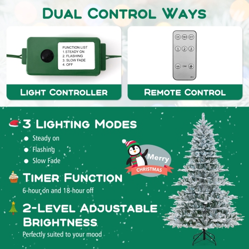 Arbre de Noël artificiel floqué de 7 pi avec 1119 pointes en PVC et en PE de Costway, 620 lumières à DEL