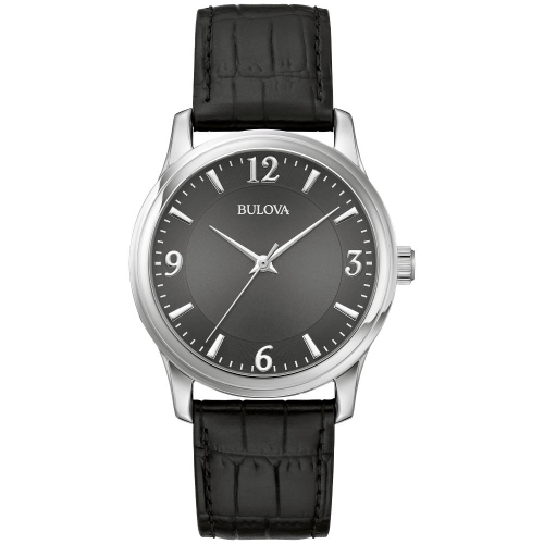 Montre à quartz pour hommes Classic de Bulova 38&nbsp;mm avec boîtier en acier inoxydable argenté Bracelet en cuir noir et cadran gris