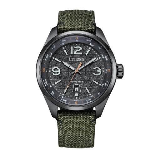 Montre sport décontractée pour hommes Eco-Drive 42,5&nbsp;mm boîtier inox gris bracelet nylon vert/cadran gris