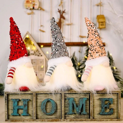 3-Pcs Sequin Christmas Gnomes Plush - 11.8" Light-Up Swedish Santa Elf Decor Ornaments