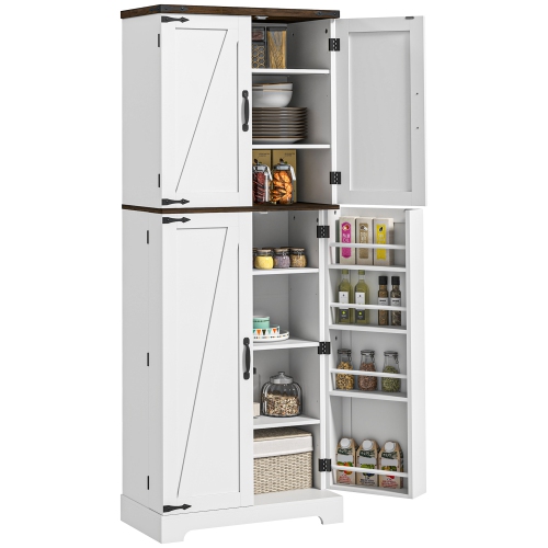 HOMCOM  64" Tall Kitchen Pantry Storage Cabinet, Farmhouse Freestanding Pantry Cabinet With Spice Racks And Adjustable Shelves In White