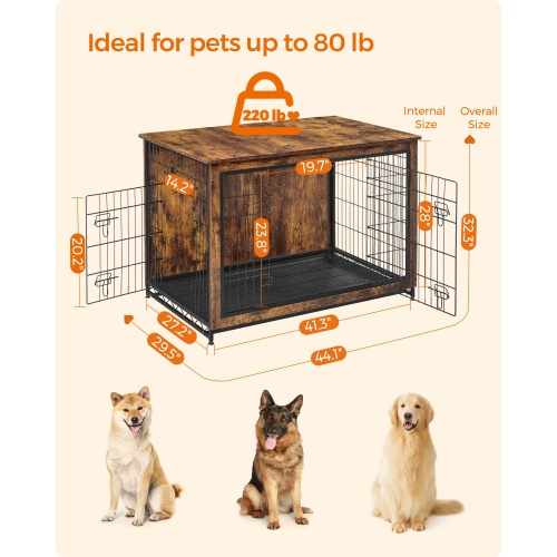 Feandrea Wooden Dog Crate Furniture, 44.1" L Pet Crate Side End Table, Dog Cage with Removable Tray UPFC004X01