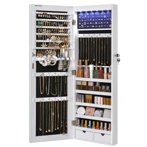 SONGMICS Hanging Jewelry Cabinet, Wall-Mounted Cabinet with LED Interior Lights, Door-Mounted, White UJJC99WT