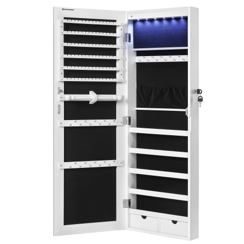 SONGMICS Hanging Jewelry Cabinet, Wall-Mounted Cabinet with LED Interior Lights, Door-Mounted, White UJJC99WT