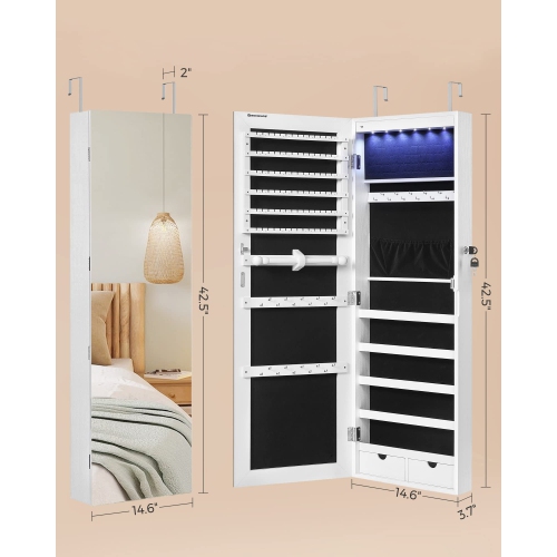 SONGMICS Hanging Jewelry Cabinet, Wall-Mounted Cabinet with LED Interior Lights, Door-Mounted, White UJJC99WT