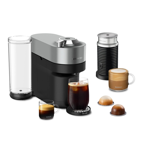 Machine à café et à espresso Nespresso Vertuo Pop+ Deluxe par Breville avec moussoir à lait Aeroccino, titane