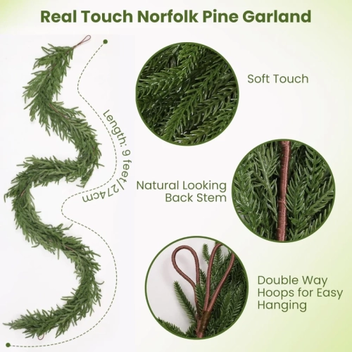 9-Foot Christmas Garland - Real Touch Norfolk Pine for Mantle, Staircase, and Holiday Decor