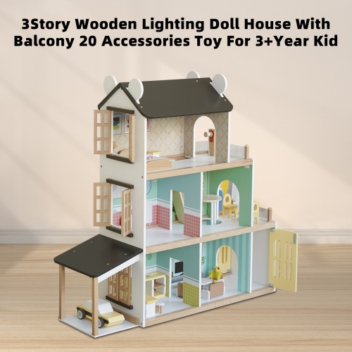 TOPTENG  Kids Lighting Wooden Dollhouse, 20-Piece Accessories With Balcony & Stairs, 3 Story Easy to Assemble Dollhouse Toy Set Girls