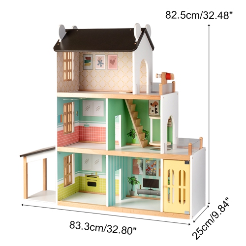 TOPTENG Kids Lighting Wooden Dollhouse, 20-Piece Accessories with Balcony & Stairs, 3 Story Easy to Assemble Dollhouse Toy Set Girls
