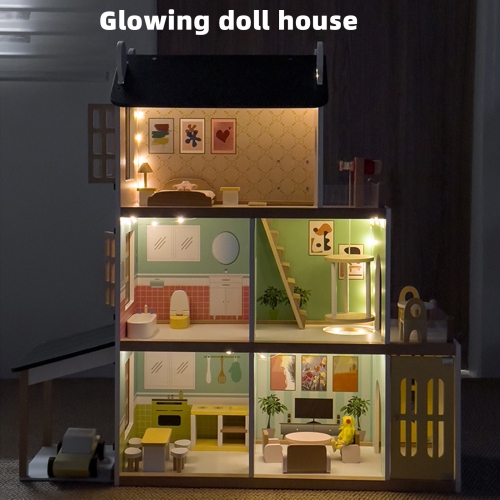 TOPTENG Kids Lighting Wooden Dollhouse, 20-Piece Accessories with Balcony & Stairs, 3 Story Easy to Assemble Dollhouse Toy Set Girls
