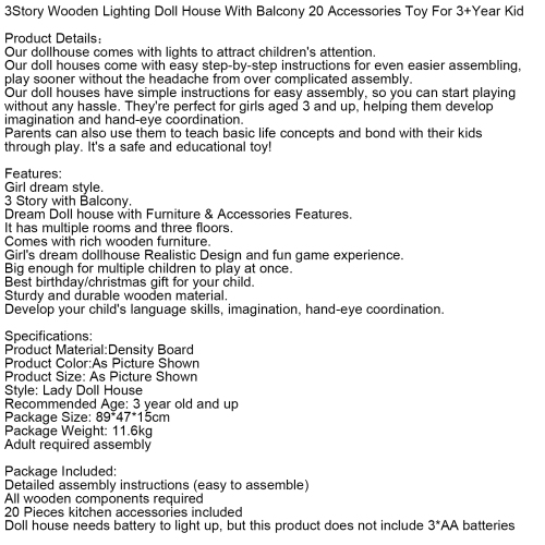TOPTENG Kids Lighting Wooden Dollhouse, 20-Piece Accessories with Balcony & Stairs, 3 Story Easy to Assemble Dollhouse Toy Set Girls