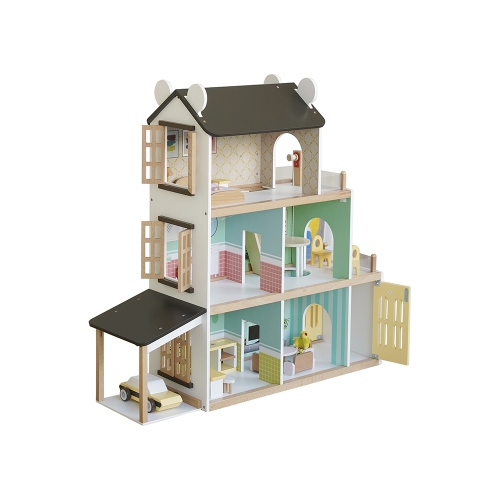 TOPTENG Kids Lighting Wooden Dollhouse, 20-Piece Accessories with Balcony & Stairs, 3 Story Easy to Assemble Dollhouse Toy Set Girls