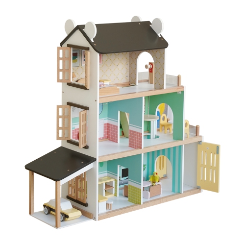 TOPTENG Kids Lighting Wooden Dollhouse, 20-Piece Accessories with Balcony & Stairs, 3 Story Easy to Assemble Dollhouse Toy Set Girls