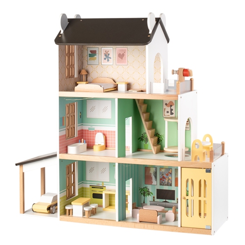 TOPTENG Kids Lighting Wooden Dollhouse, 20-Piece Accessories with Balcony & Stairs, 3 Story Easy to Assemble Dollhouse Toy Set Girls