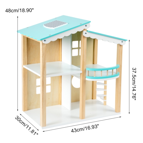 2 Story Blue Wooden Doll House With 16 Accessories Toy Gift For 3 +Years Kids