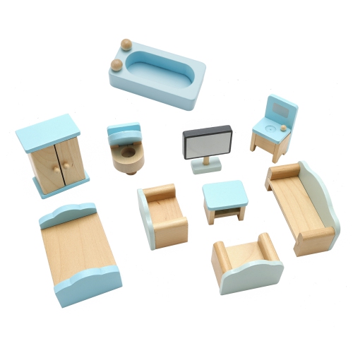 2 Story Blue Wooden Doll House With 16 Accessories Toy Gift For 3 +Years Kids