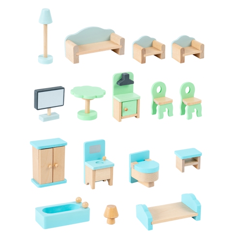 2 Story Blue Wooden Doll House With 16 Accessories Toy Gift For 3 +Years Kids