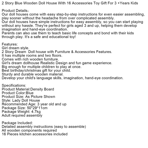 2 Story Blue Wooden Doll House With 16 Accessories Toy Gift For 3 +Years Kids