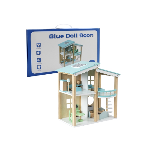 2 Story Blue Wooden Doll House With 16 Accessories Toy Gift For 3 +Years Kids