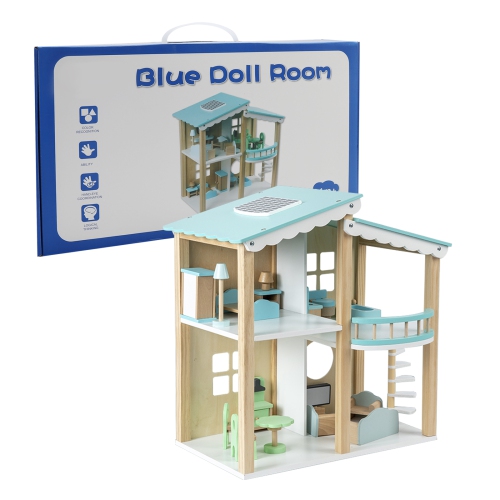 2 Story Blue Wooden Doll House With 16 Accessories Toy Gift For 3 +Years Kids