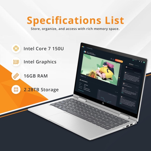 HP Envy x360 2-in-1 14" FHD Touchscreen Laptop, Intel 7 150U, 2.28TB Storage, 16GB RAM, Backlit Keyboard, Fingerprint Read Win 11 Pro, Silver