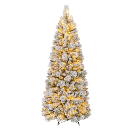 COSTWAY  6 Ft Flocked Christmas Tree With Pine Needles 517 Branch Tips 170 Led Lights