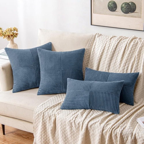 Blue Corduroy Pillow Covers Pack of 2 Boho Decorative Spliced Soft Solid Couch Pillowcases Cross Patchwork Textured Cushion Covers for Living Room