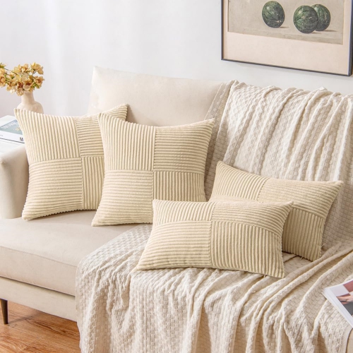 Cream Corduroy Pillow Covers Pack of 2 Boho Decorative Spliced Soft Solid Couch Pillowcases Cross Patchwork Textured Cushion Covers for Living Room