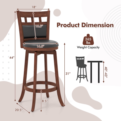 Costway Wood Swivel Bar Stools Set of 2 with Faux Leather Upholstered Seat & Back