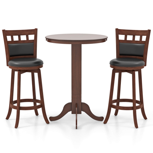 Costway 3 PCS Wood Bar Dining Set Table with Pedestal Base & 2 Upholstered Swivel Stools