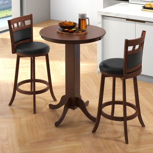 Costway 3 PCS Wood Bar Dining Set Table with Pedestal Base & 2 Upholstered Swivel Stools