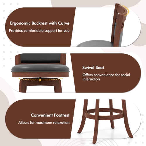 Costway 3 PCS Wood Bar Dining Set Table with Pedestal Base & 2 Upholstered Swivel Stools