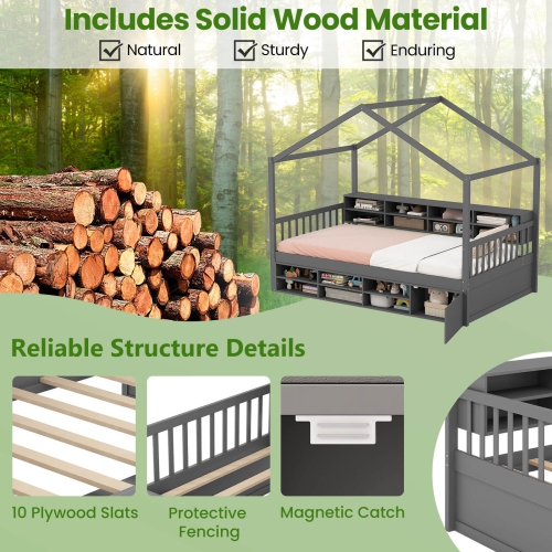 Costway Twin Size House Bed Wooden Platform Bed Frame with Roof & 14 Storage Cubes