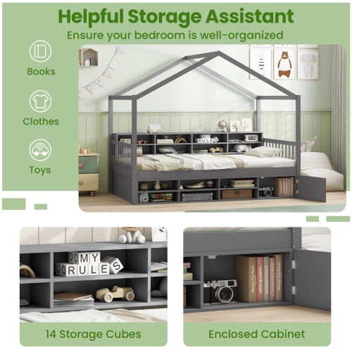 Costway Twin Size House Bed Wooden Platform Bed Frame with Roof & 14 Storage Cubes