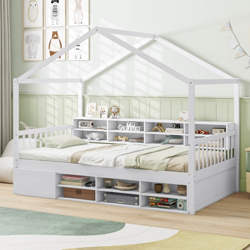 Costway Twin Size House Bed Wooden Platform Bed Frame with Roof & 14 Storage Cubes