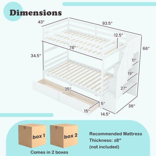 Lit jumeau superposé Costway avec escaliers de rangement et tiroirs Rails pleine longueur