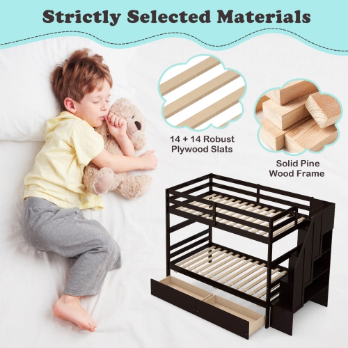 Lit jumeau superposé Costway avec escaliers de rangement et tiroirs Rails pleine longueur