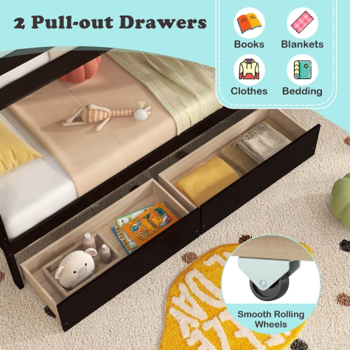 Lit jumeau superposé Costway avec escaliers de rangement et tiroirs Rails pleine longueur