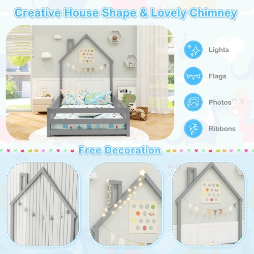 Lit de sol Montessori jumeau de Costway pour tout-petit avec barrière de sécurité pleine longueur à porte verrouillable